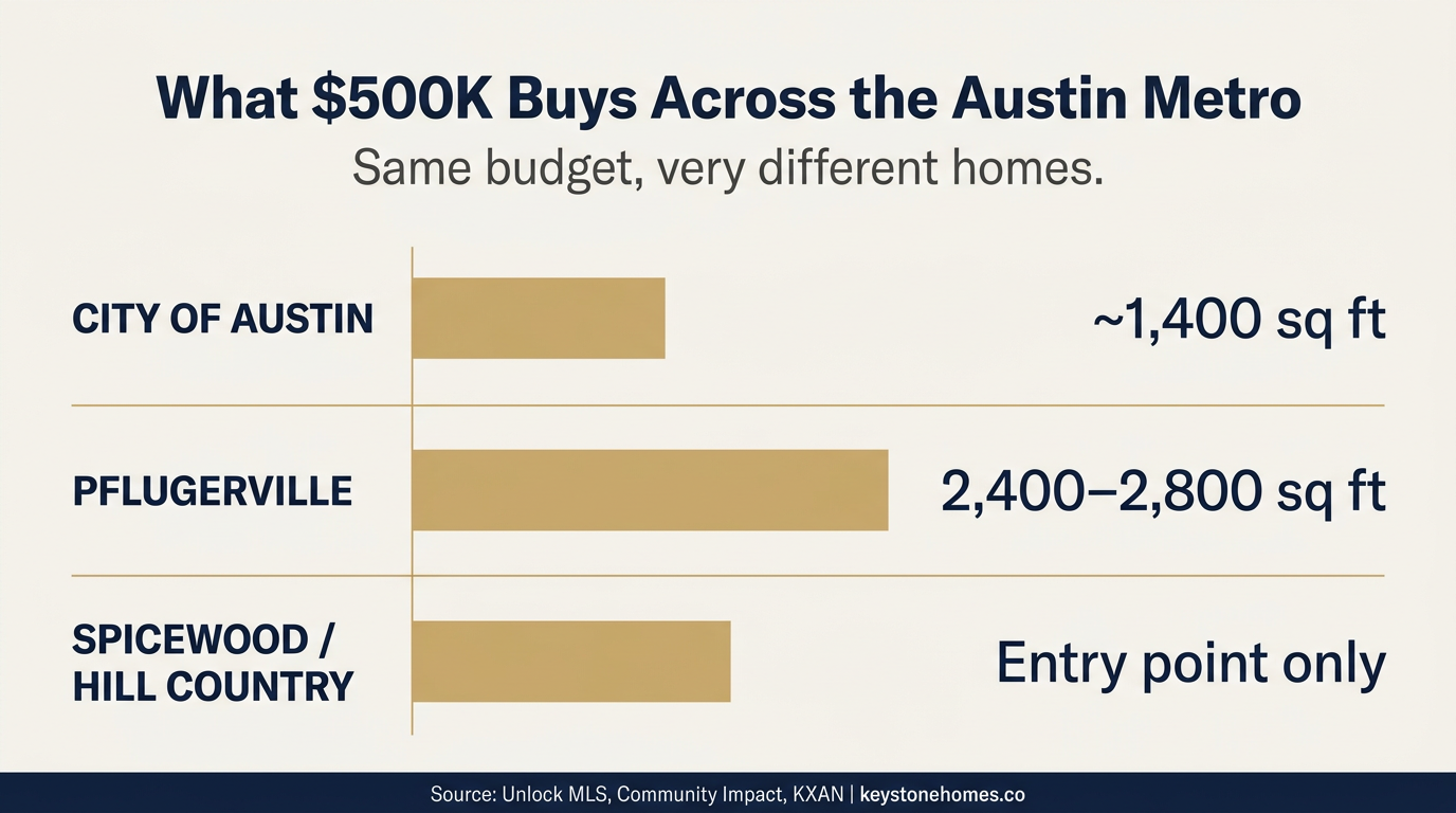 What $500K Buys Across the Austin Metro, infographic showing sq ft by location