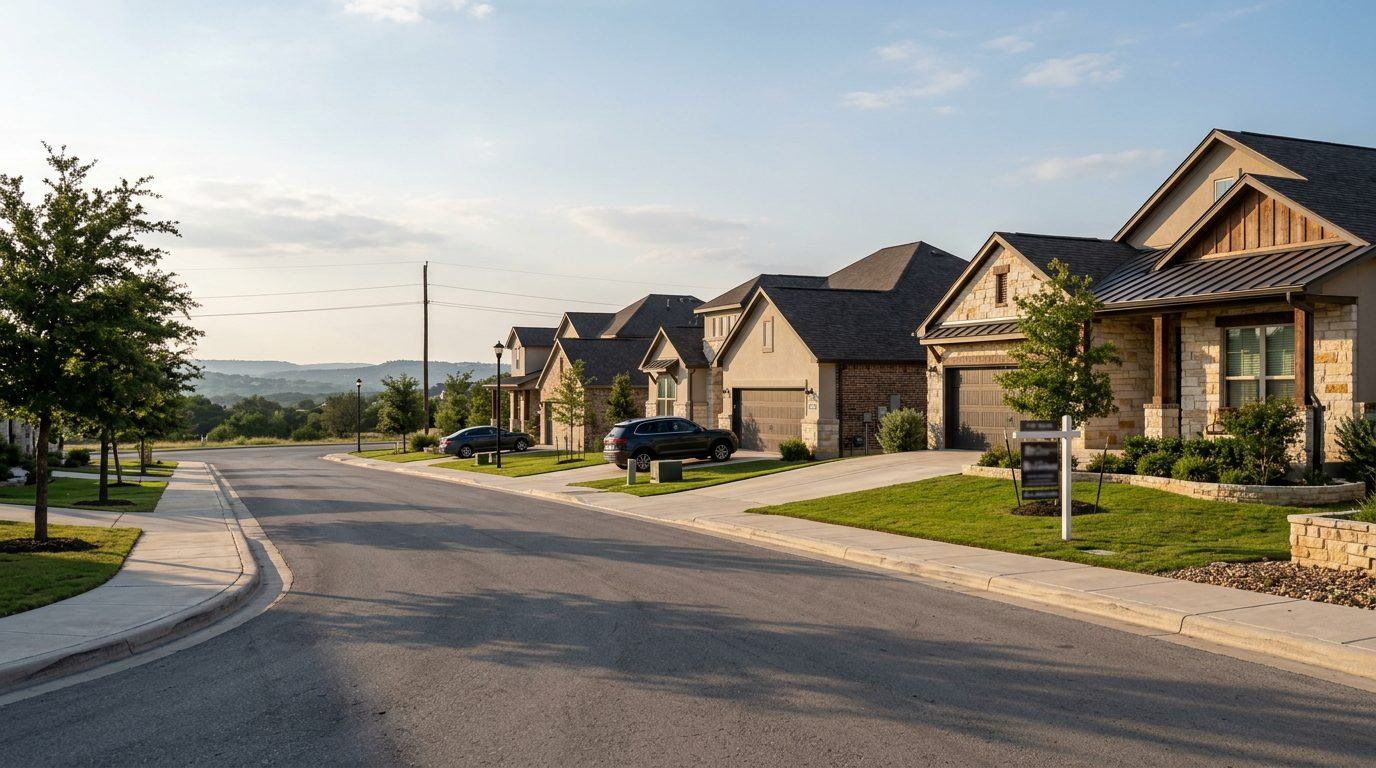 Austin-area suburb neighborhood street with new construction homes