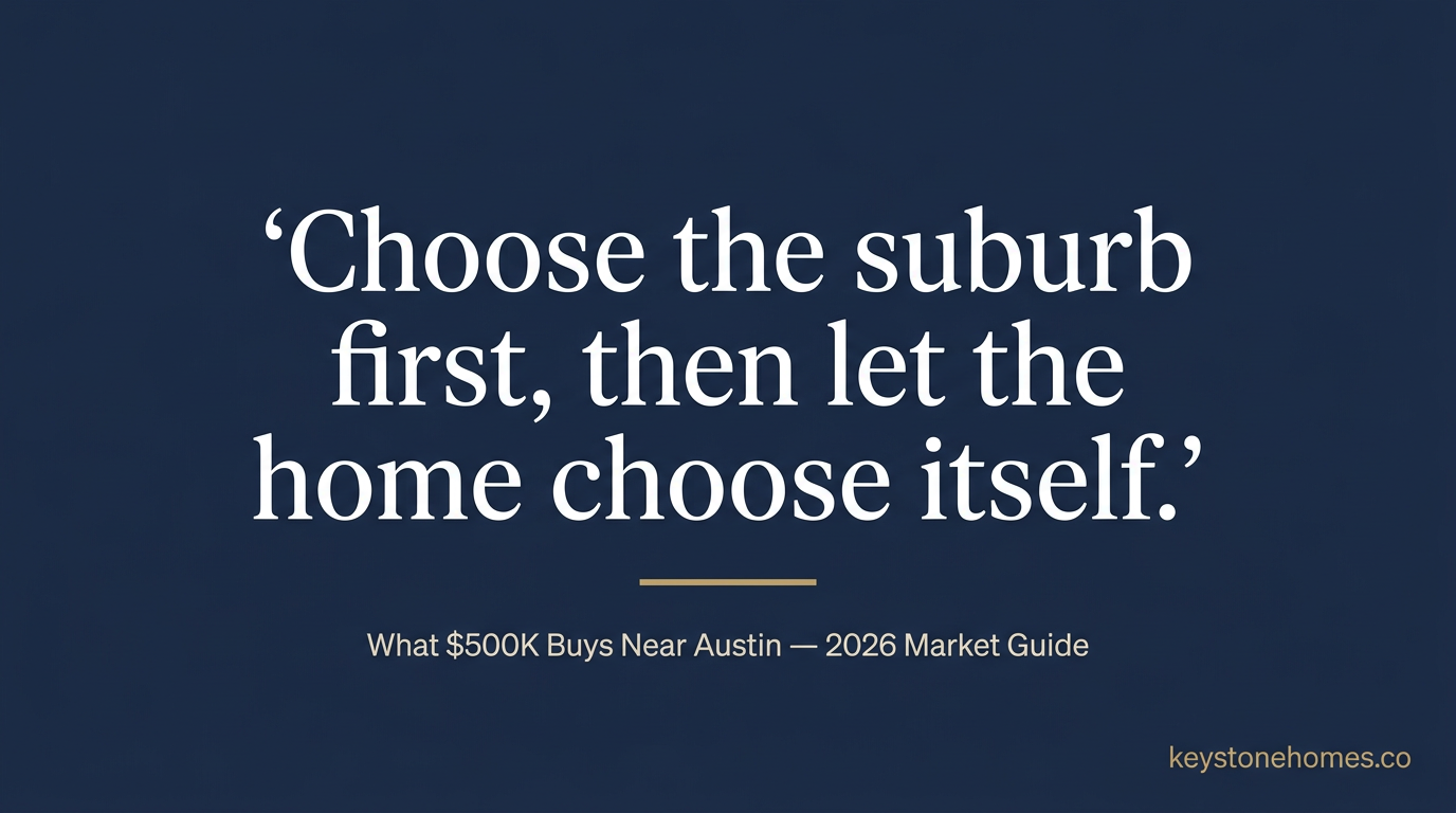 'Choose the suburb first, then let the home choose itself.', What $500K Buys Near Austin, 2026 Market Guide