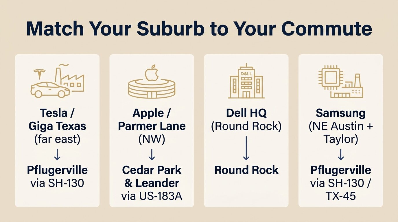 Match your suburb to your commute: Tesla, Apple, Dell, and Samsung employer locations mapped to Austin-area suburbs
