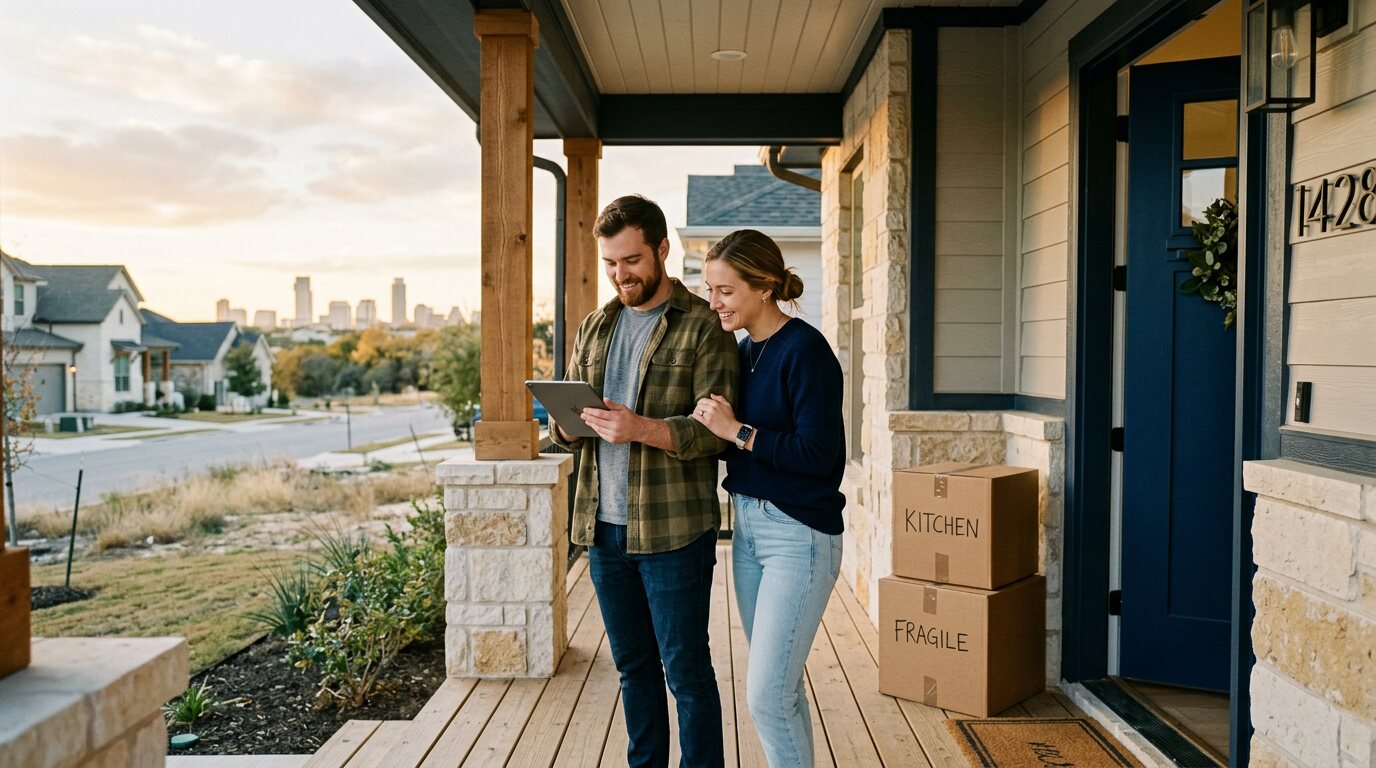 Couple reviewing plans on the porch of their new Austin-area home with the downtown skyline behind them