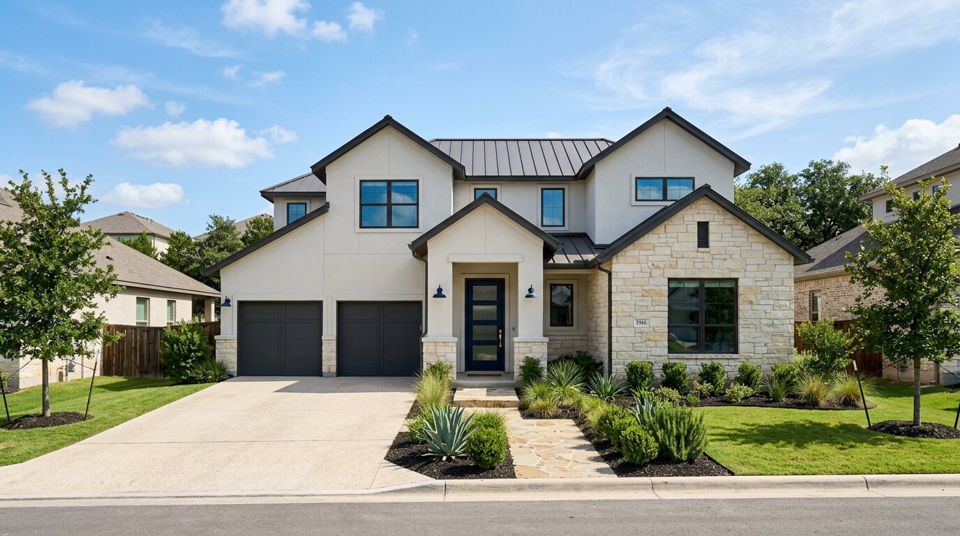 New construction home exterior in an Austin-area suburb