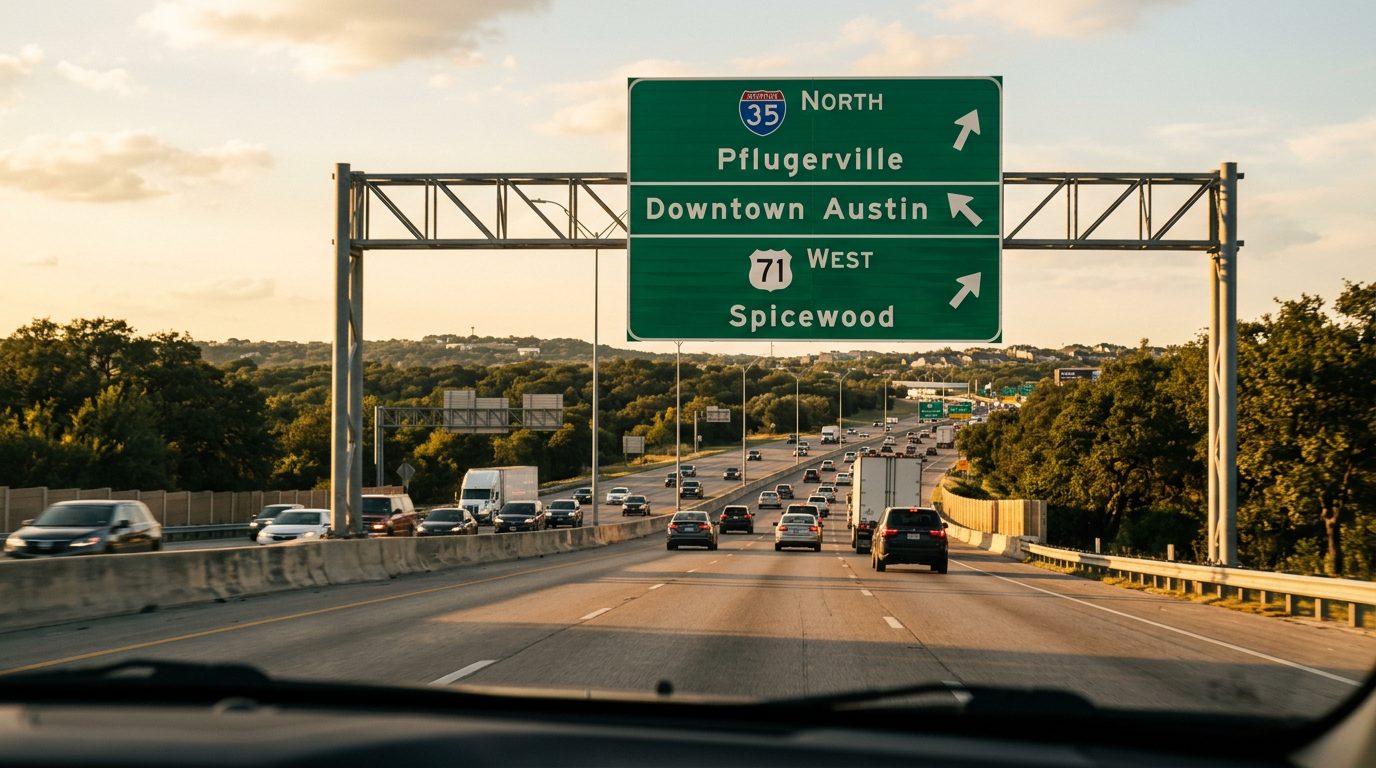Highway guide signs pointing toward Pflugerville, downtown Austin, and Spicewood, the three areas covered in this guide to the best neighborhoods in Austin