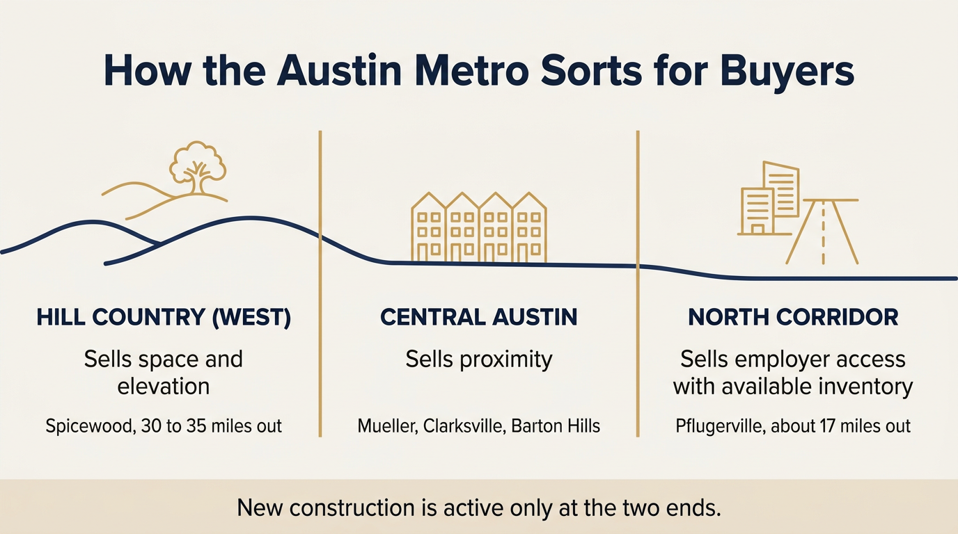 Cross-section graphic showing how the best neighborhoods in Austin sort into Hill Country, central Austin, and the north corridor