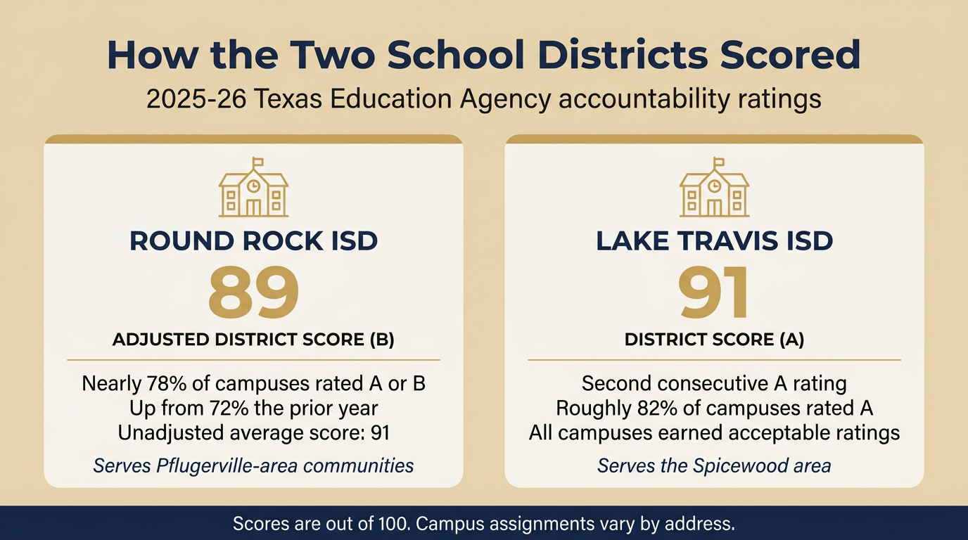Comparison of Round Rock ISD and Lake Travis ISD accountability scores for buyers weighing the best neighborhoods in Austin