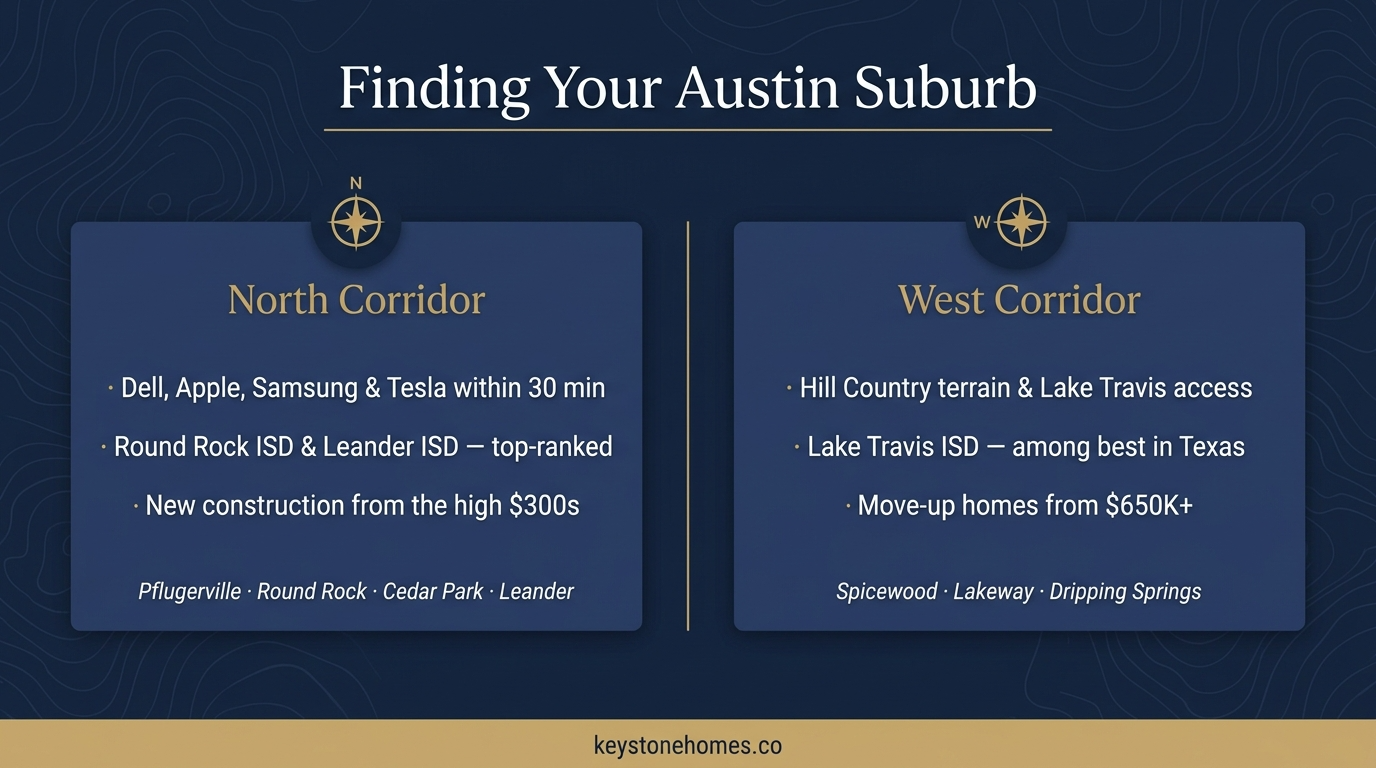 Austin Suburbs Comparison, North Corridor vs West Corridor Infographic