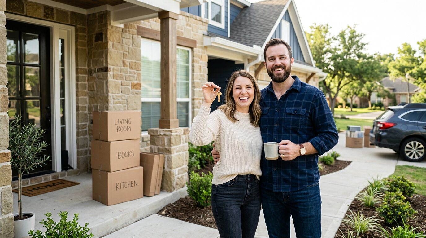 First-time home buyers holding keys outside their new construction home near Austin, Texas