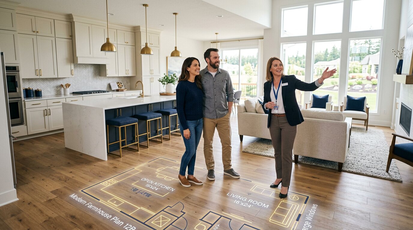 A sales consultant walking first-time buyers through a new construction model home near Austin