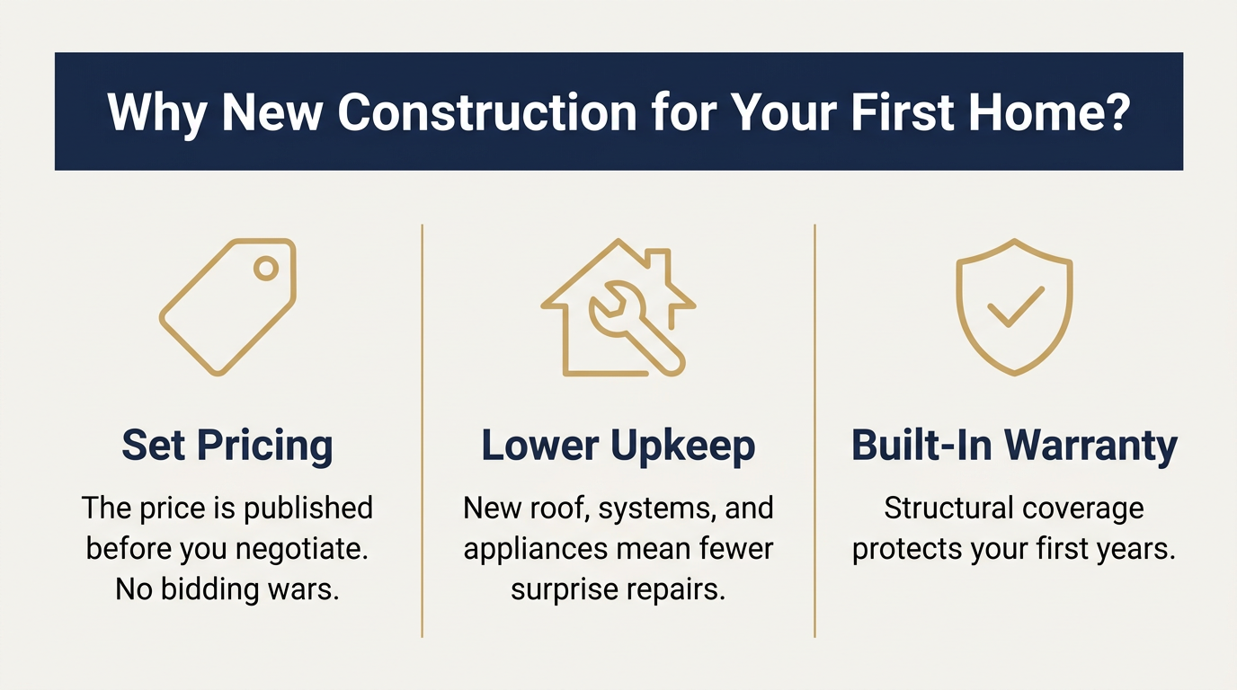 Why new construction for your first home: set pricing, lower upkeep, built-in warranty