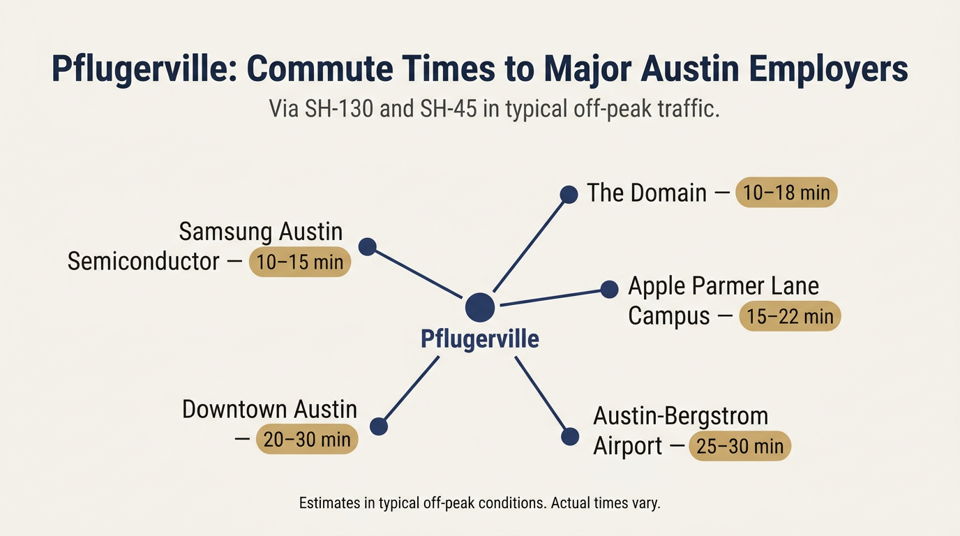 Pflugerville: Commute Times to Major Austin Employers, Samsung 10–15 min, The Domain 10–18 min, Apple Parmer 15–22 min, Downtown Austin 20–30 min, Airport 25–30 min