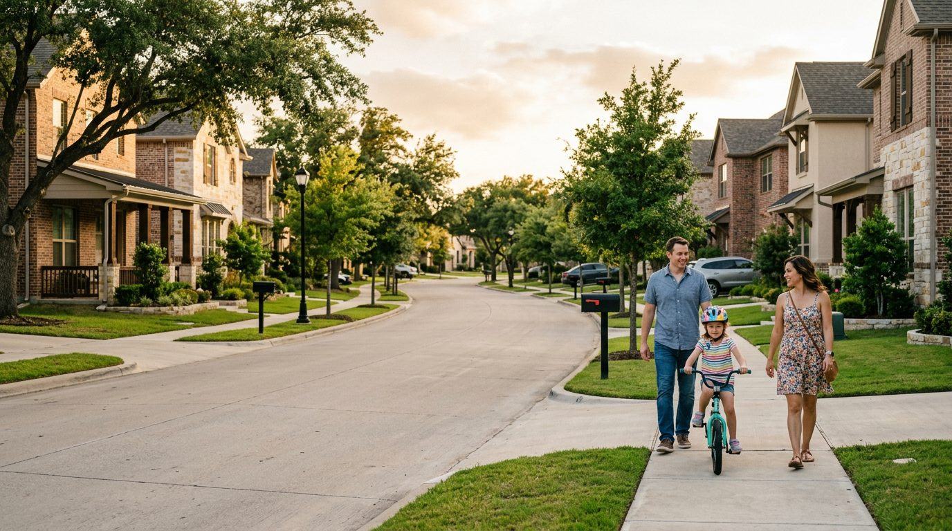 Family walking in a Pflugerville, TX neighborhood at sunset