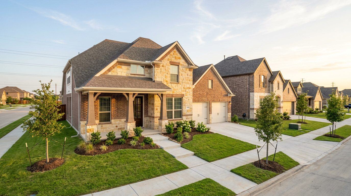 New construction homes on a Pflugerville, TX street at golden hour, brick and stone elevations with mature landscaping