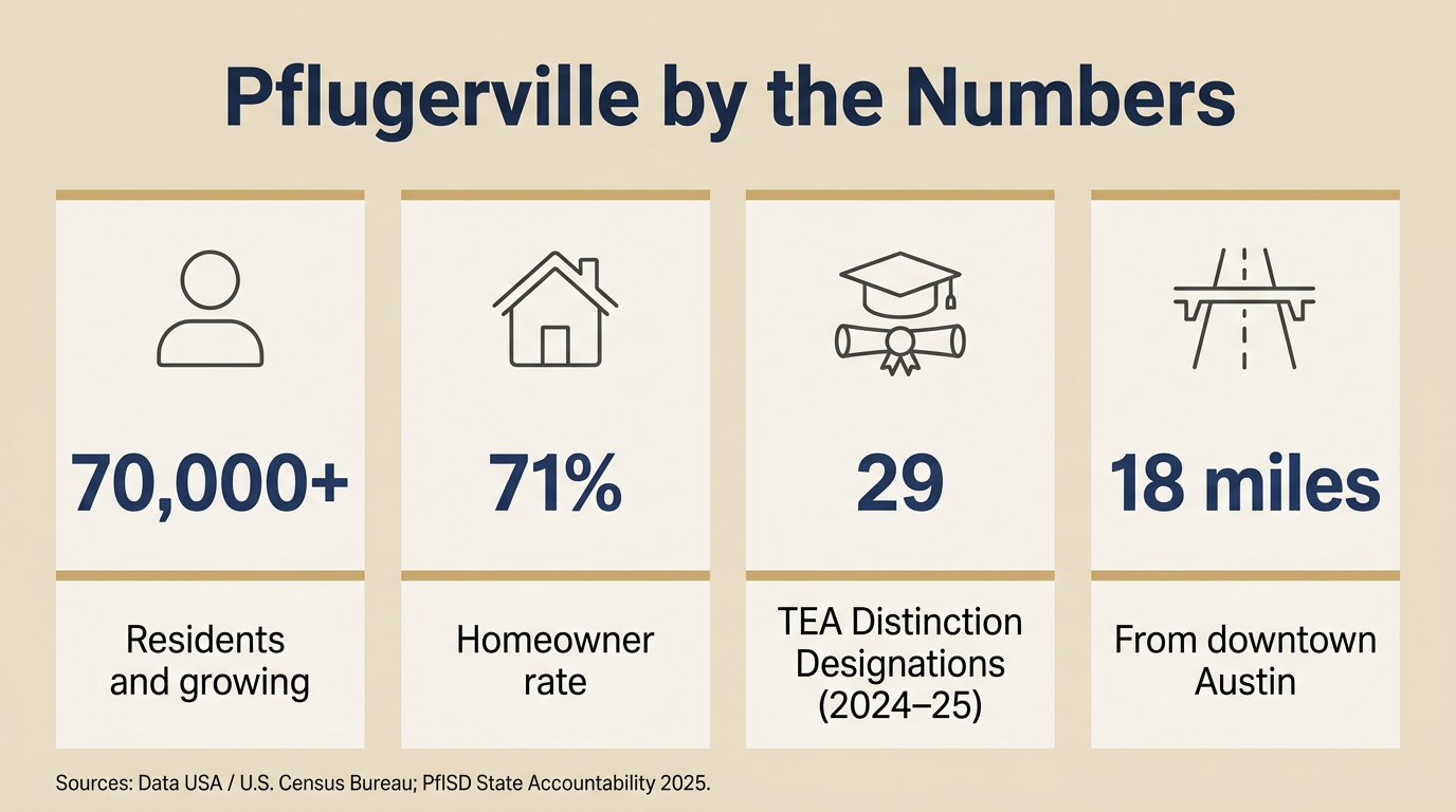 Pflugerville by the Numbers, 70,000+ residents, 71% homeowner rate, 29 TEA Distinction Designations, 18 miles from downtown Austin