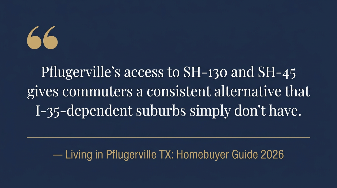 'Pflugerville's access to SH-130 and SH-45 gives commuters a consistent alternative that I-35-dependent suburbs simply don't have.', Living in Pflugerville TX: Homebuyer Guide 2026