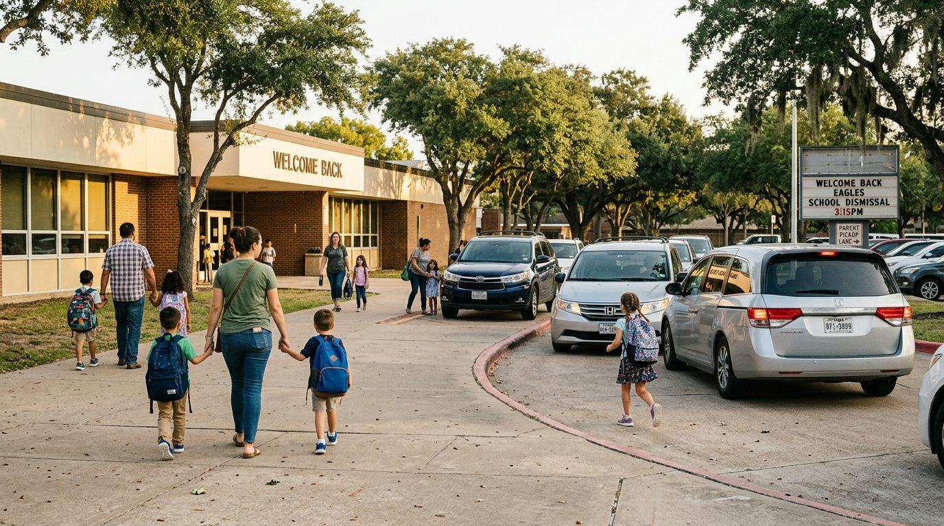 School dismissal in an Austin-area suburb, families and children at pickup