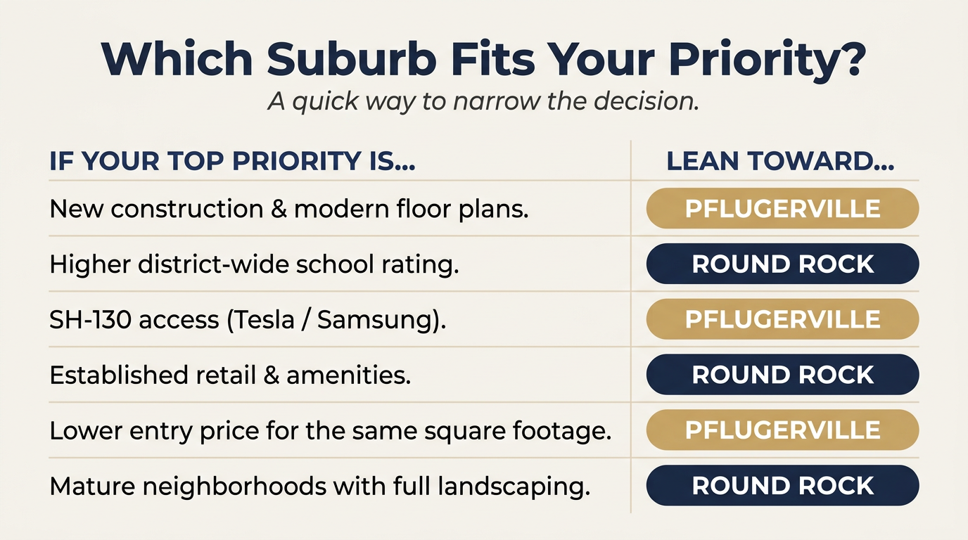Which Suburb Fits Your Priority?, Pflugerville vs Round Rock decision guide infographic