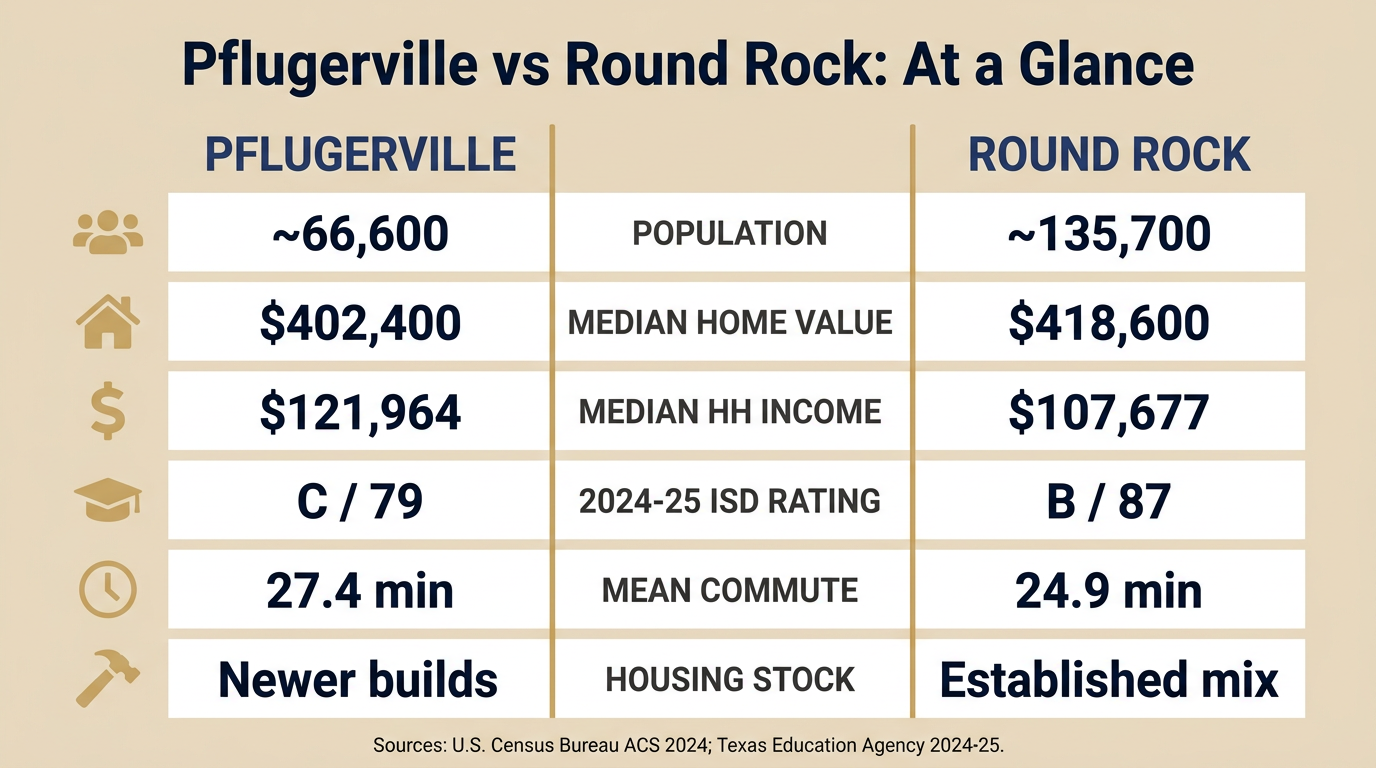 Pflugerville vs Round Rock: At a Glance, population, home value, income, ISD rating, commute, housing stock comparison