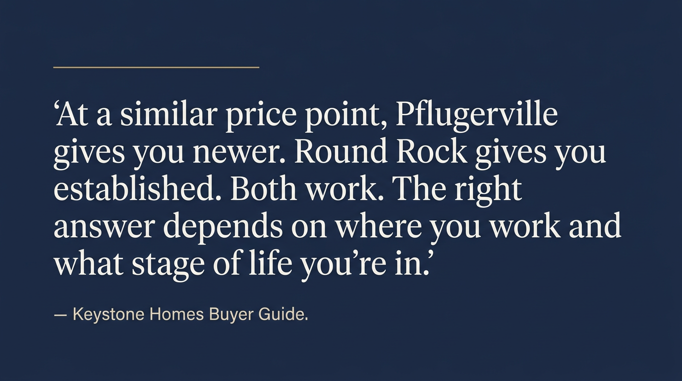 'At a similar price point, Pflugerville gives you newer. Round Rock gives you established. Both work. The right answer depends on where you work and what stage of life you're in.', Keystone Homes Buyer Guide.