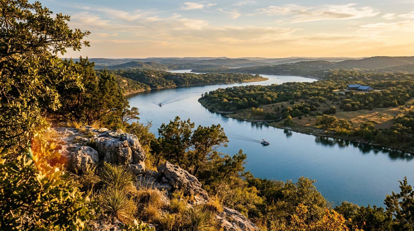 Aerial view of Lake Travis from the limestone bluffs near Spicewood, Texas at sunset