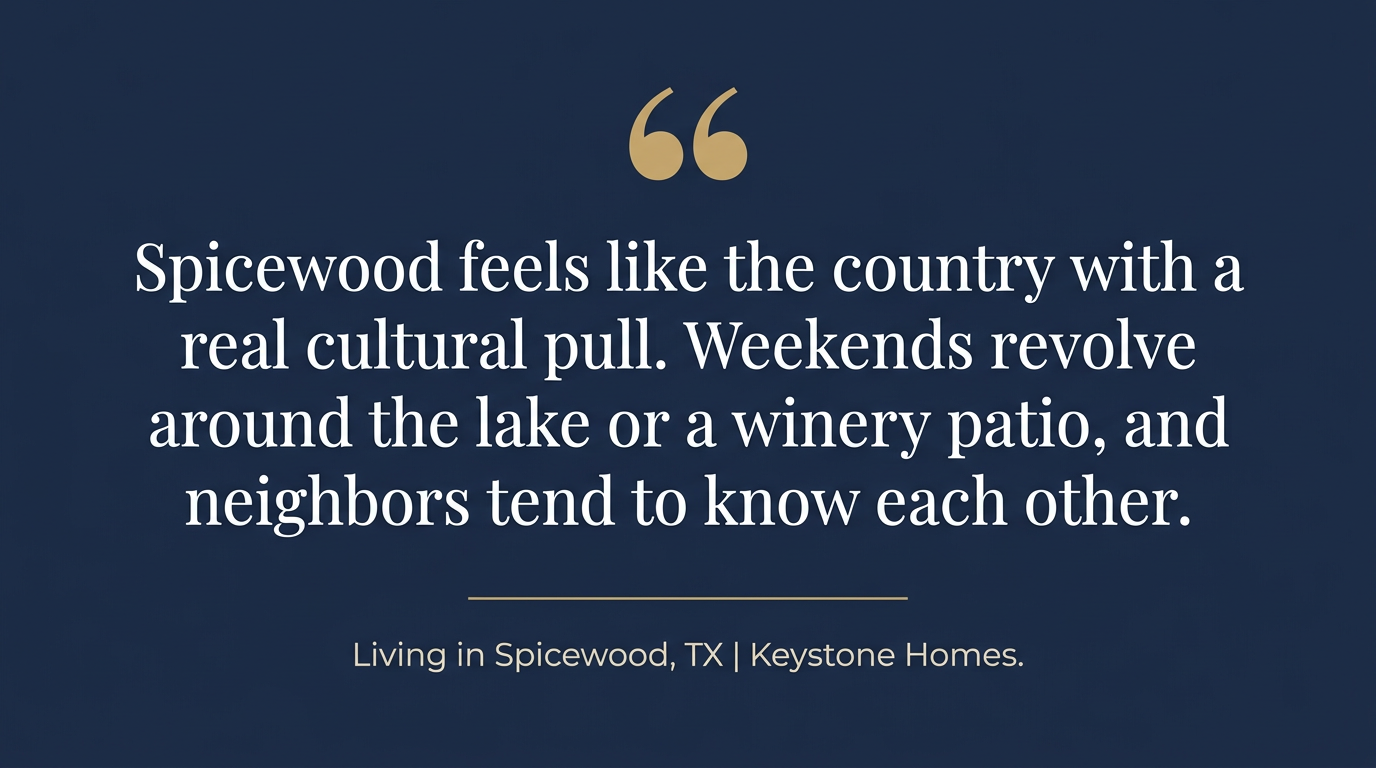 'Spicewood feels like the country with a real cultural pull. Weekends revolve around the lake or a winery patio, and neighbors tend to know each other.', Living in Spicewood, TX | Keystone Homes.