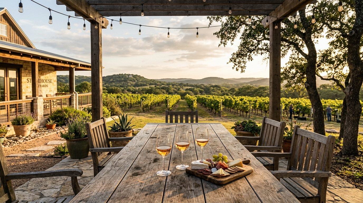 Winery patio at Stone House Vineyard in Spicewood, Texas with Hill Country views