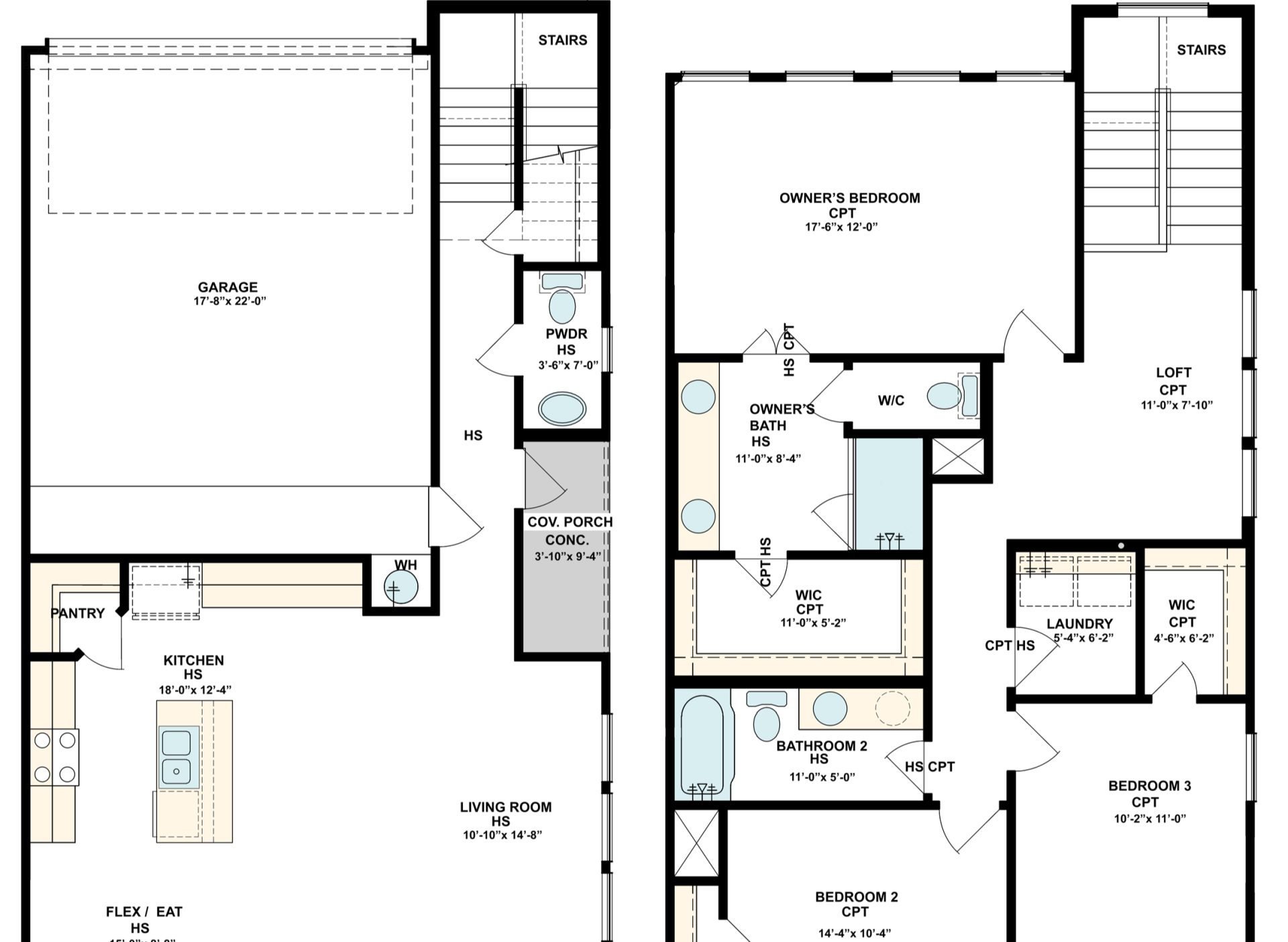 Granada floor plan, main and upper level