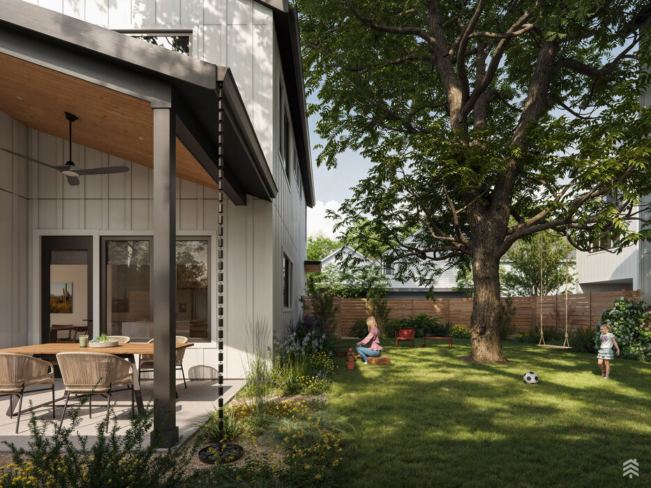 Rendering of the backyard and covered patio at 1002 Brentwood, Austin