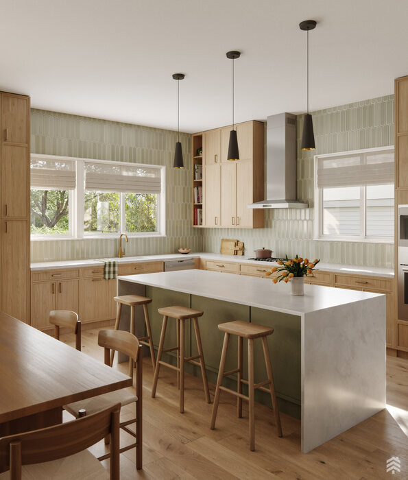 Rendering of the kitchen island and open shelving at 1002 Brentwood, Austin